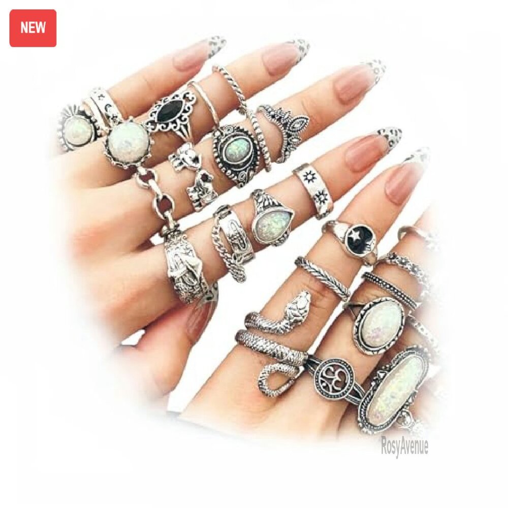 42-Piece Adjustable Silver Ring Set Stackable Vin… - image 3